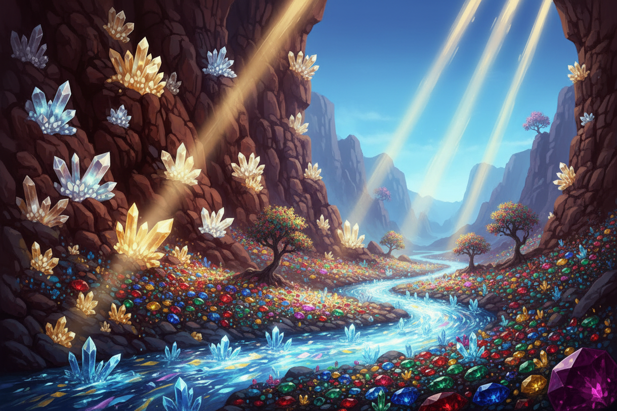Riverlands Crystal Cliff Scene and flat open land on one side
